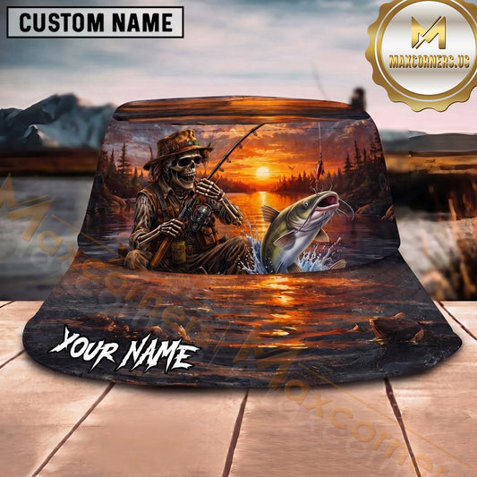 Maxcorners Skeleton Angler Fishing Sunset Personalized Name 3D Bucket Hat (12 Fish Species)