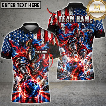 Maxcorners Bowling American Flag Crusader Warrior Energy Orb Explosive Pins Graphic Customized Name, Team Name 3D Shirts