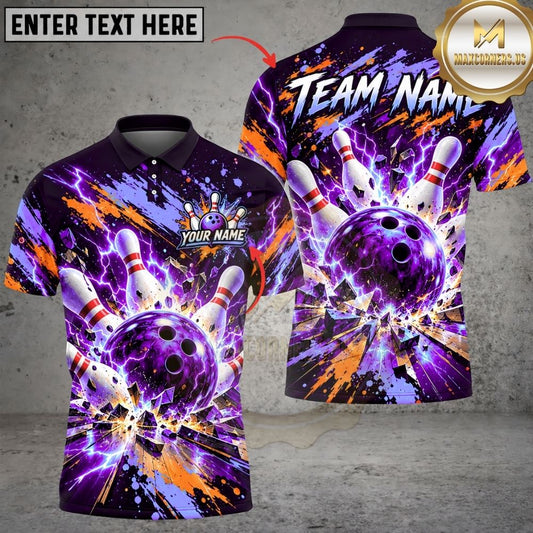 Maxcorners Bowling Electric Thunder Lightning Splatter Pins Explosion Artwork Multicolor Customized Name, Team Name 3D Shirts