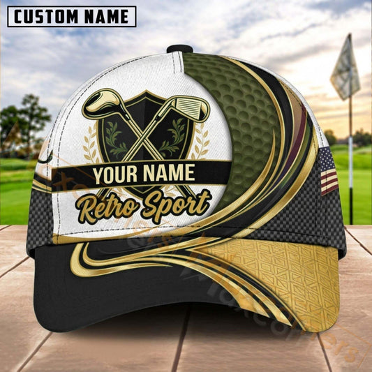 Maxcorners Golf Retro Sport Crossed Clubs Gold Wave Personalized Name 3D Cap (7 Colors)