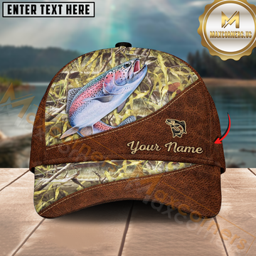 Maxcorners Rainbow Trout Fishing Brown Leather Camo Design Personalized Name 3D Cap