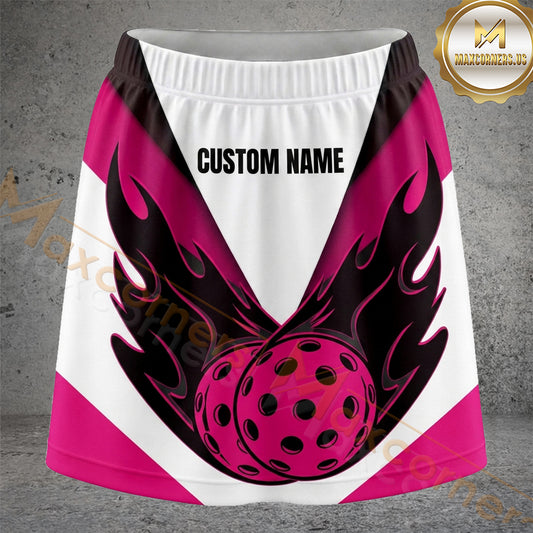 Maxcorners Pickleball Pink Black Flame Ball Personalized 3D Skort, Skirts With Shorts