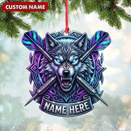 Maxcorners Darts Lover Fierce Wolf Mascot, Glowing Eyes, Crossed Darts, Crest Banner Personalized Name Ornament 2D Flat