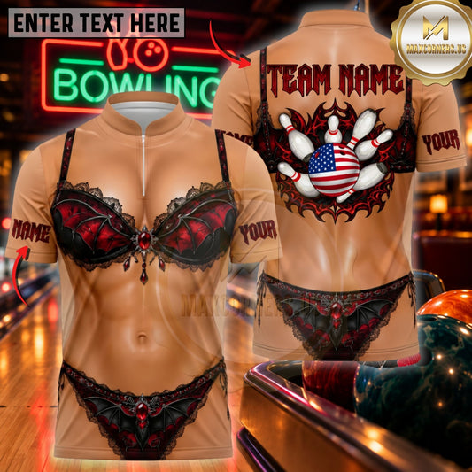 Maxcorners Bowling Black Lingerie Abs US Flag Pins Apparel Customized Name, Team Name 3D Shirts
