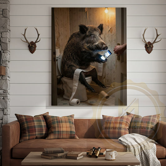 Maxcorners Wild Boar Canvas Wooden Bathroom Reading Newspaper Canvas Wall Art