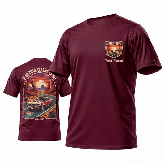Maxcorners Personalized Car Classic Muscle Car 3D T-Shirt – Burgundy Retro Highway Sunset Vintage Muscle Car