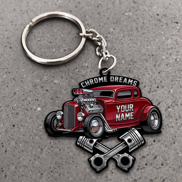 Maxcorners Hot Rod Red Classic Roadster with Crossed Pistons and Chrome Dreams Badge Personalized Name 3D Keychain And Ornament