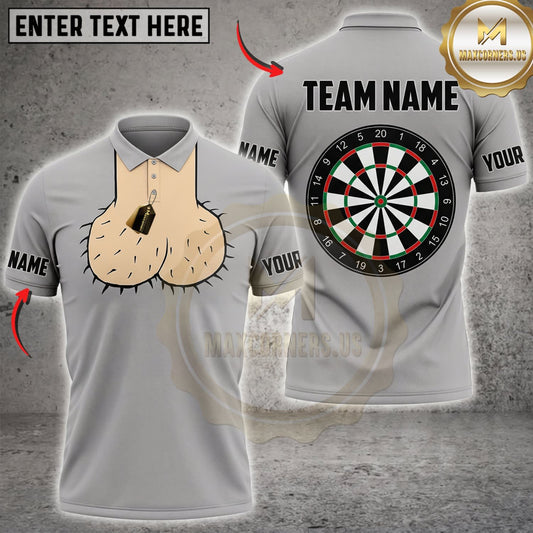 Maxcorners Darts Funny Gray Polo Plush Chest Classic Dartboard Personalized Name 3D Unisex Shirt
