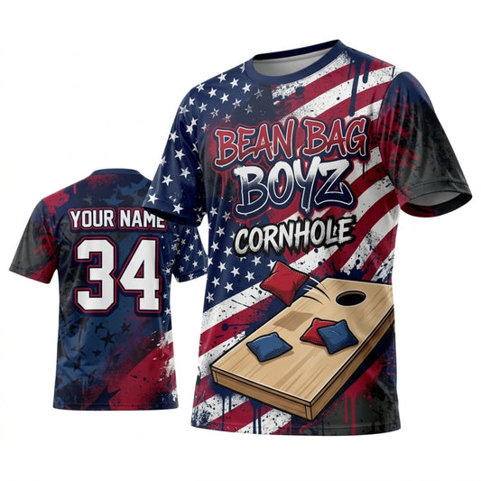 Maxcorners Cornhole Cornhole Nation Vintage American Flag Personalized Name 3D Unisex Shirt