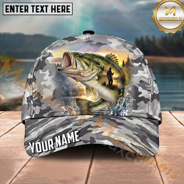 Maxcorners Fishing Gray Camo Sunset Angler Personalized Name 3D Cap (12 Fish Species)