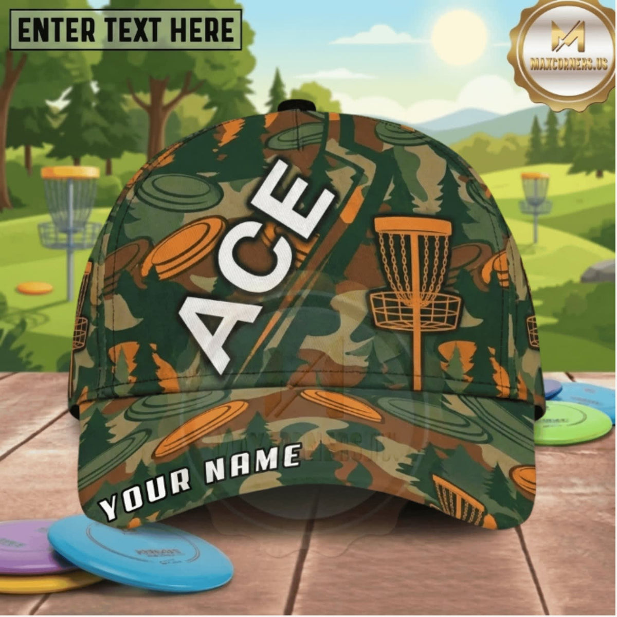 (3 Colors) Maxcorners Disc Golf Camo ACE Chain Basket Personalized Name 3D Cap LM3009
