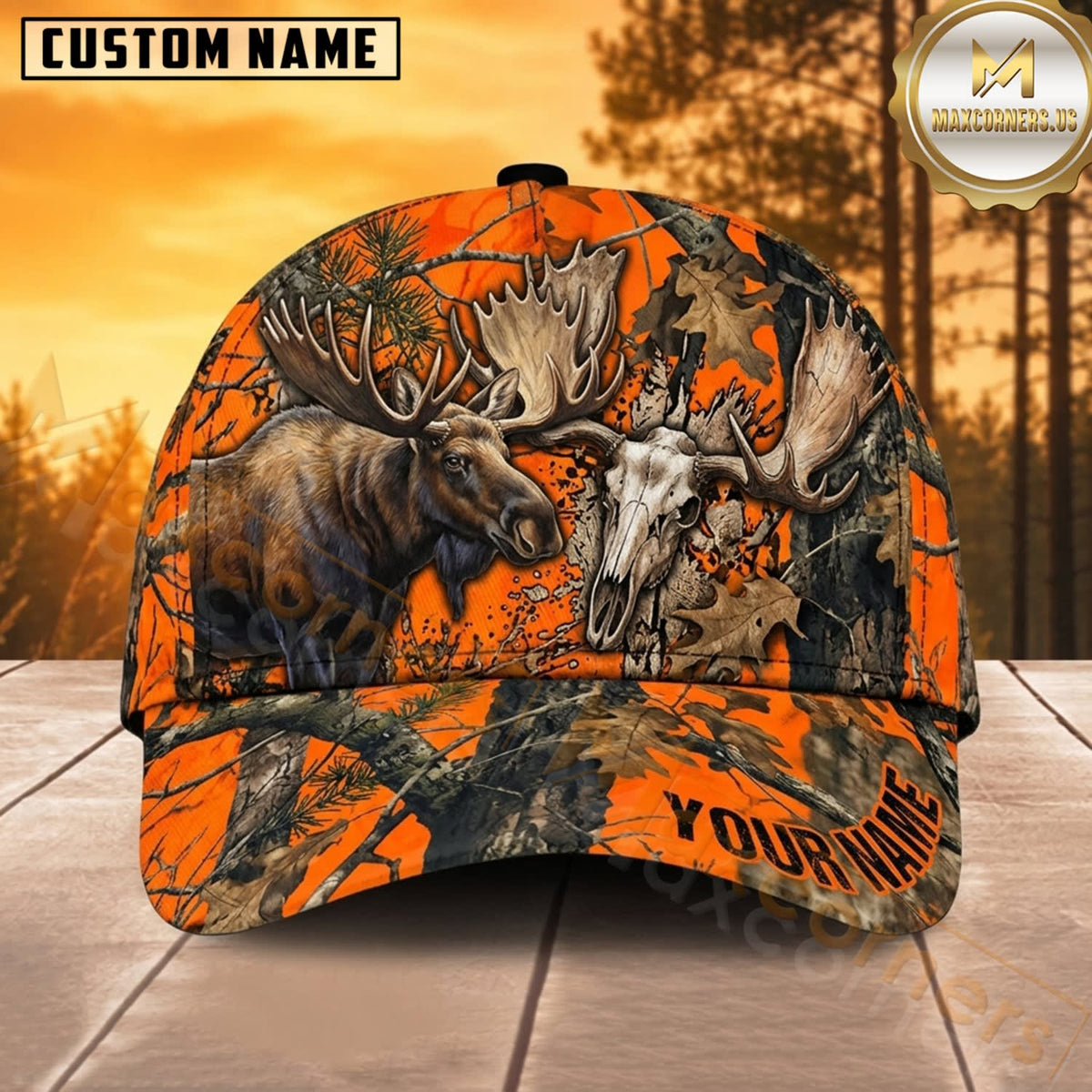 Maxcorners Moose Hunting Bull Moose Moose and Skull Orange Autumn Camo Customized Name 3D Cap