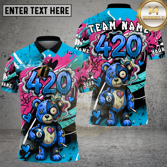 Maxcorners Billiards Shirts 420 Bear Pink Blue Paint Splash Multicolor Options Personalized Name, Team Name 3D Shirt (4 Colors)