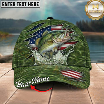 Maxcorners Fishing Green American Flag Splash Personalized 3D Cap (12 Fish Species)