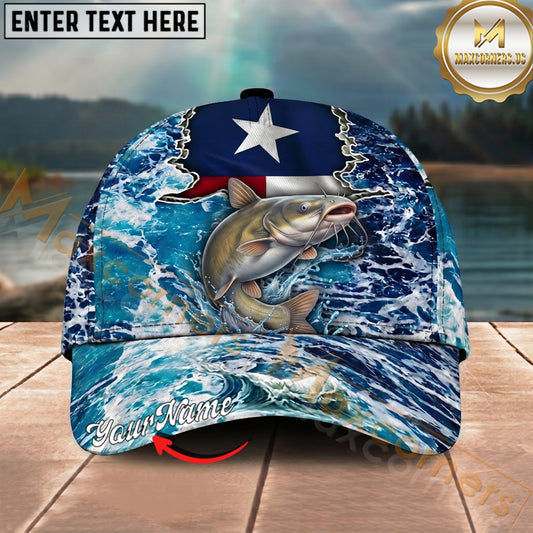 Maxcorners Fishing Texas Flag Ocean Wave Personalized Name 3D Cap (12 Fish Species)