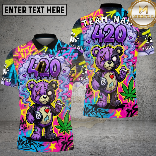 Maxcorners Billiards Shirts 420 Bear Neon Graffiti Street Art Multicolor Options Personalized Name, Team Name 3D Shirt (4 Colors)