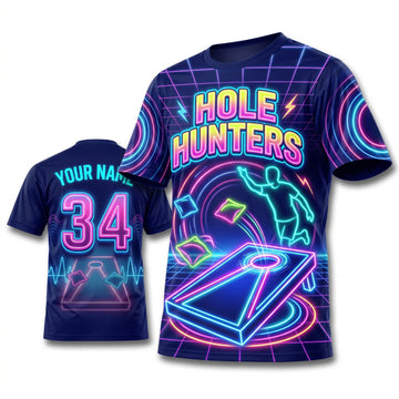 Maxcorners Cornhole Hole Hunters Neon Personalized Name 3D Unisex Shirt