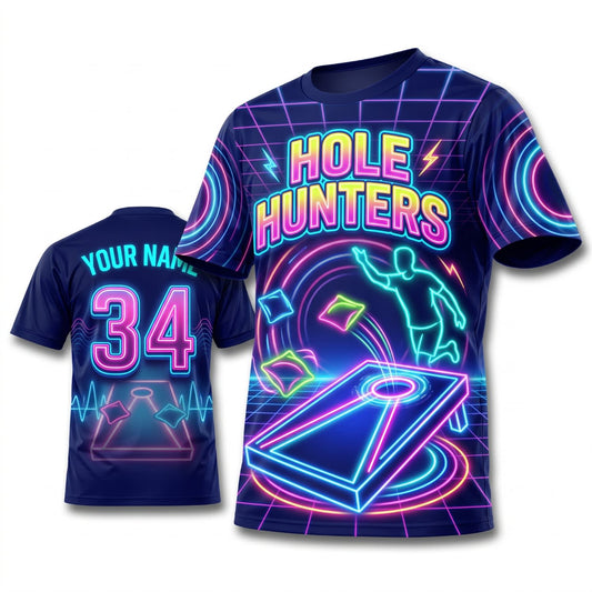 Maxcorners Cornhole Hole Hunters Neon Personalized Name 3D Unisex Shirt