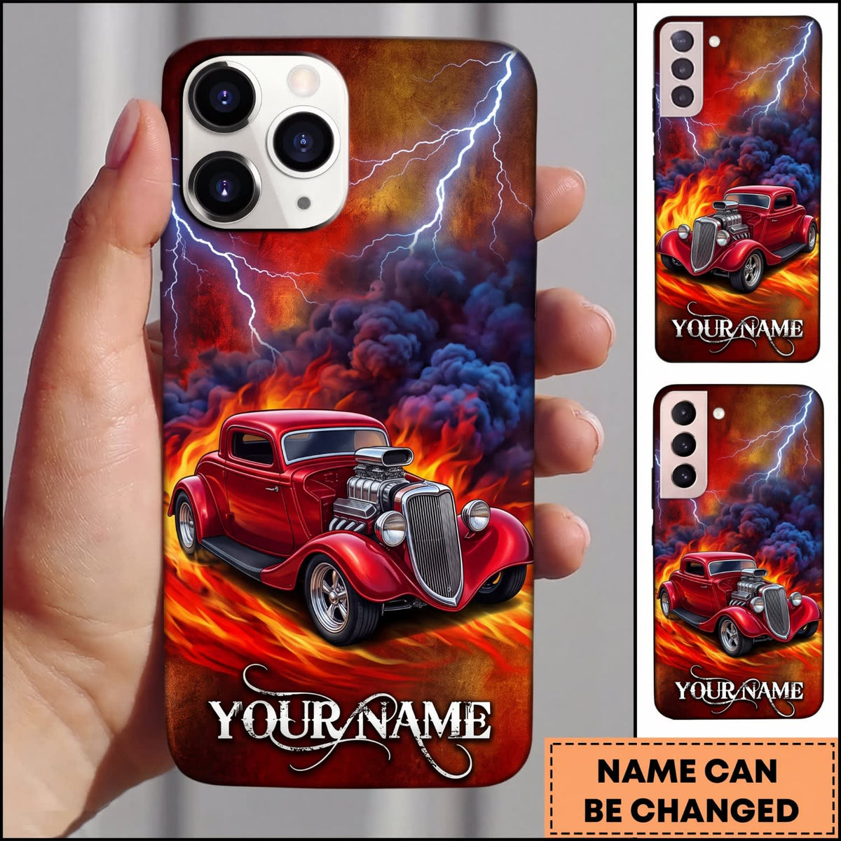 Maxcorners Hot Rod Red Classic Car with Blue Lightning and Flaming Storm Personalized Name 3D Phone Case