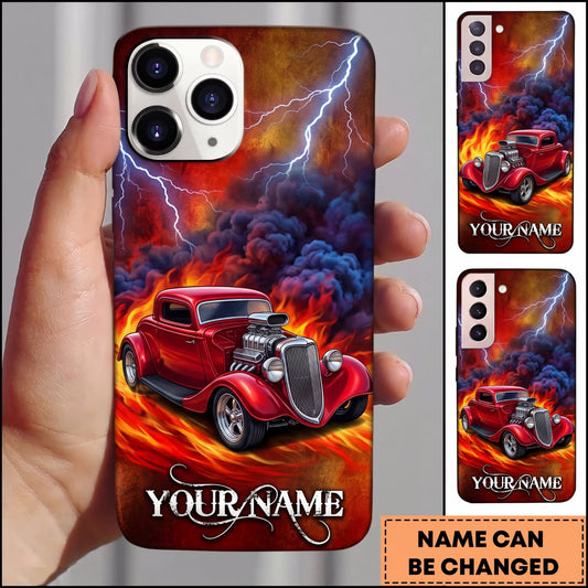 Maxcorners Hot Rod Red Classic Car with Blue Lightning and Flaming Storm Personalized Name 3D Phone Case