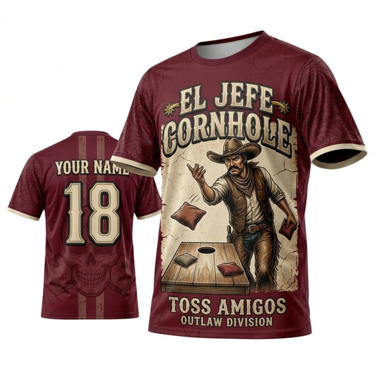 Maxcorners Cornhole El Jefe Cornholio Burgundy Western Cowboy Personalized Name 3D Unisex Shirt