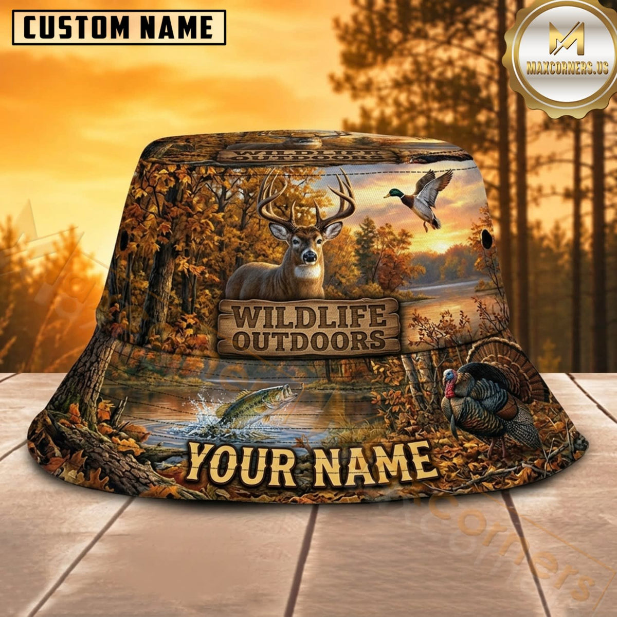 Maxcorners Deer Hunting Autumn Sunset Outdoors Personalized Name 3D Bucket Hat