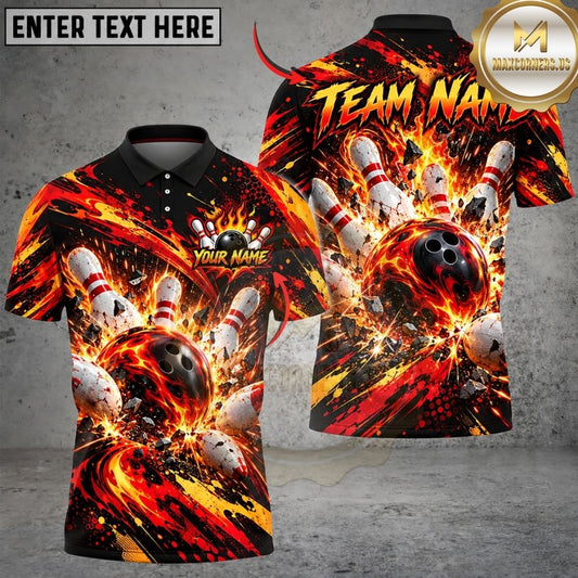 Maxcorners Bowling Fiery Magma Lava Inferno Pins Explosion Artwork Multicolor Customized Name, Team Name 3D Shirts