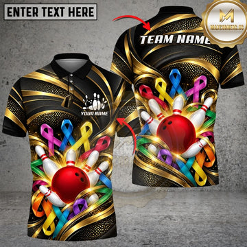 Maxcorners Bowling Cancer Awareness Ribbons Gold Swirls Ball Flying Pins Graphic Customized Name, Team Name 3D Shirts