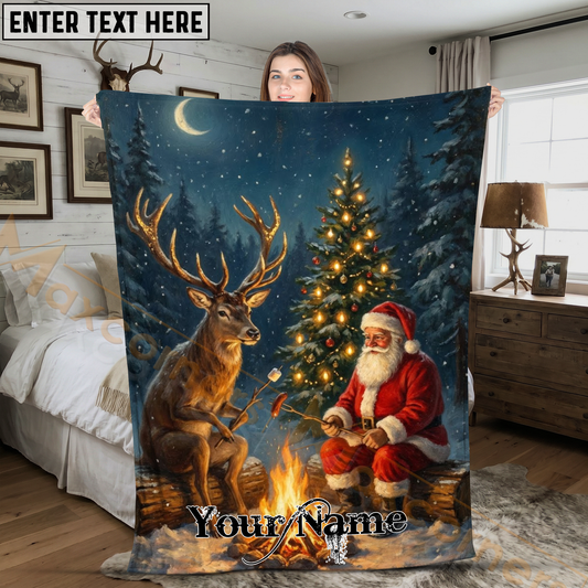 Maxcorners Magical Christmas Santa Claus and Deer by Fireplace Personalized 3D Blanket