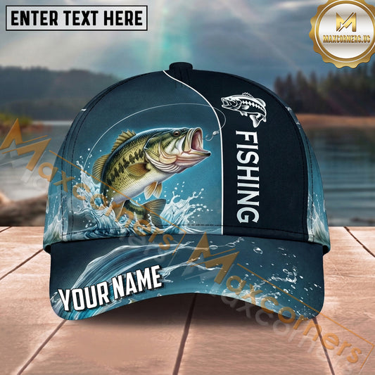 Maxcorners Fishing Blue Water Wave Personalized Name 3D Cap (12 Fish Species)