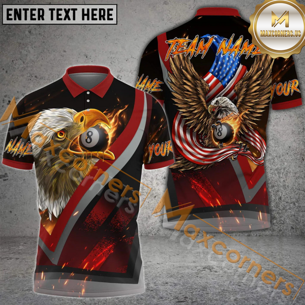 Maxcorners 8 Ball Fire USA Flag Eagle Billiard Jersey Customized Name, Team Name 3D Polo Shirt