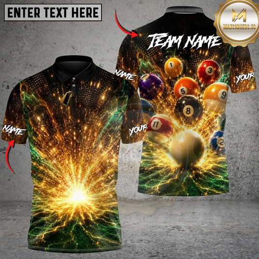 Maxcorners  Electric Shot 8-Ball 9-Ball Billiards Personalized Name, Team Name 3D Unisex Shirt