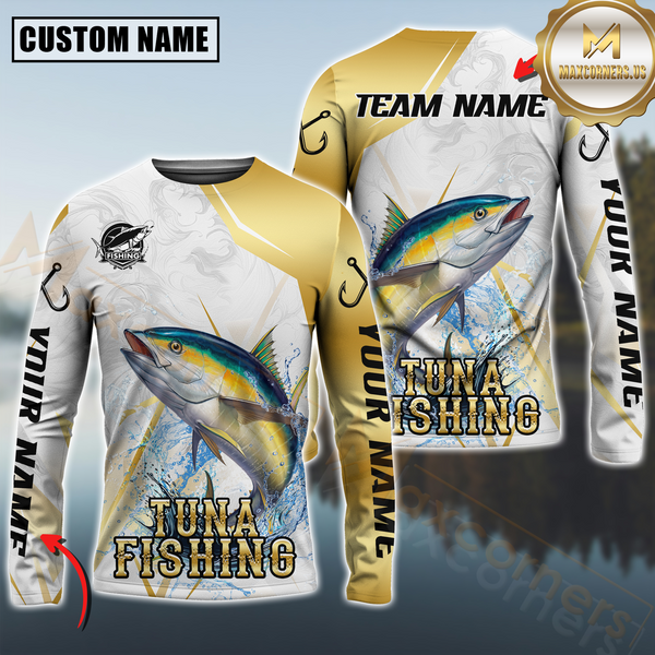 Maxcorners Tuna Fishing Lightweight Performance Shirt For Anglers Personalized Name, Team Name 3D Long Sleeve Shirt