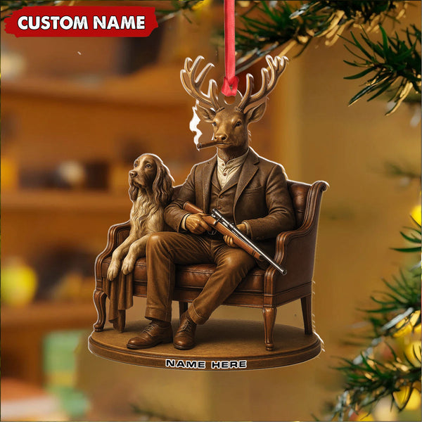 Maxcorners Personalized Acrylic Deer Christmas Ornament - Elegant Hunter Buck with Dog Holding Rifle Holiday Decor LM0110