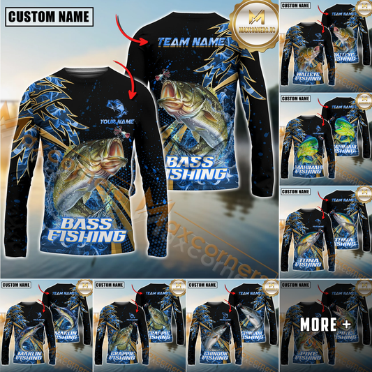 Maxcorners Fishing Hooked Jump Splash Personalized Name, Team Name Long Sleeve Shirt (8 Fish Species)
