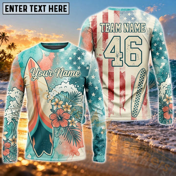 Maxcorners Surfboard Ocean Wave Graphic & Tropical Sea Art Customized Name, Number, Team Name 3D Long Sleeve Shirts