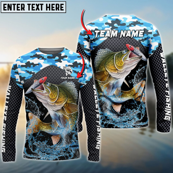 Maxcorners Walleye Fishing Blue Camo Sport Personalized Name, Team Name 3D Long Sleeve Shirt