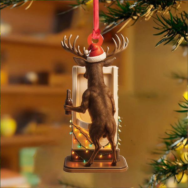 Maxcorners Personalized Acrylic Deer Christmas Ornament - Funny Buck with Santa Hat Drinking Beer by Urinal Holiday Decor LM0411