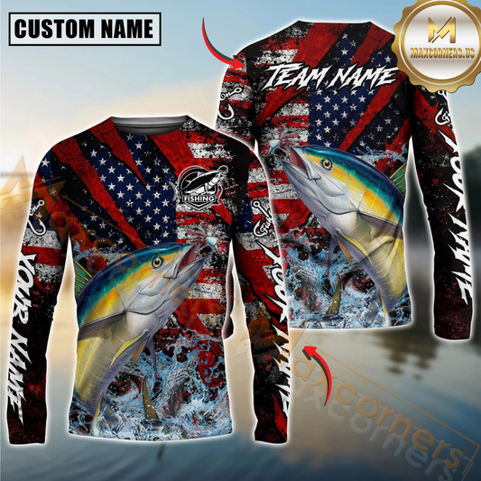 Maxcorners Fishing American Flag Grunge Red Scratch Custom Name & Team Name 3D Shirts