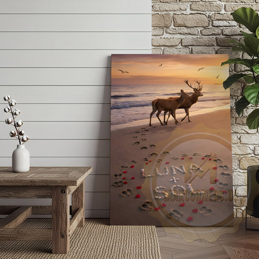 Maxcorners Deer Couple Beach Sunset Love Footprints Personalized Name Canvas