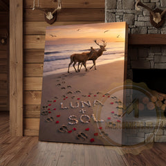 Maxcorners Deer Couple Beach Sunset Love Footprints Personalized Name Canvas