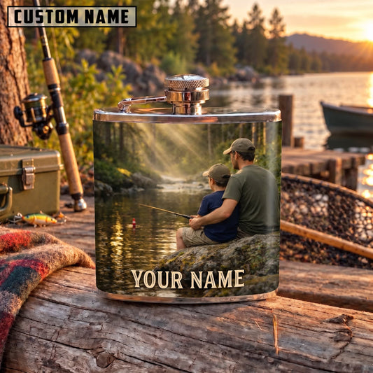 Maxcorners Fishing Fisherman Sitting By Mountain Lake Personalized Name 3D Hip Flask