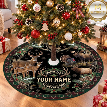 Maxcorners Hunting Deer Moose Black Woodland Personalized Name 3D Christmas Tree Skirt