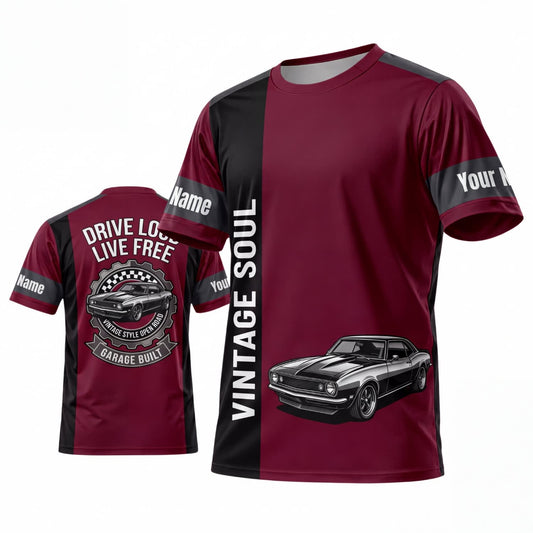 (5 Colors) Maxcorners Personalized Car Classic Muscle Car 3D T-Shirt - Burgundy Black Vintage Soul and Silver Muscle Car