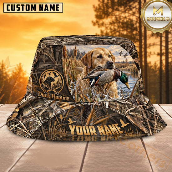 Maxcorners Duck Hunting Labrador Woodland Camo Personalized Name 3D Bucket Hat