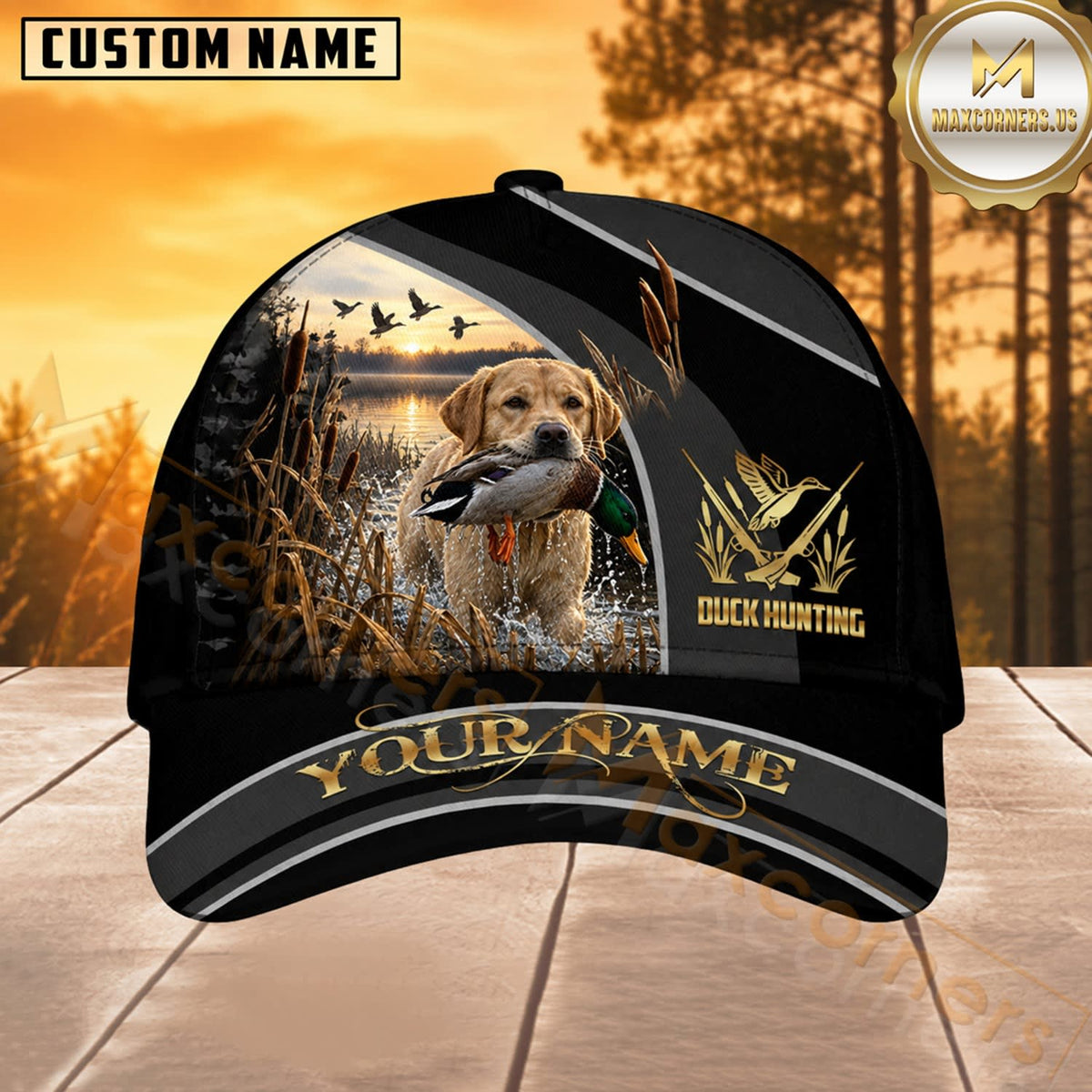 Maxcorners Dog Hunting And Duck Golden Sunset Wetland Scene Multiple Options Personalized Name 3D Cap