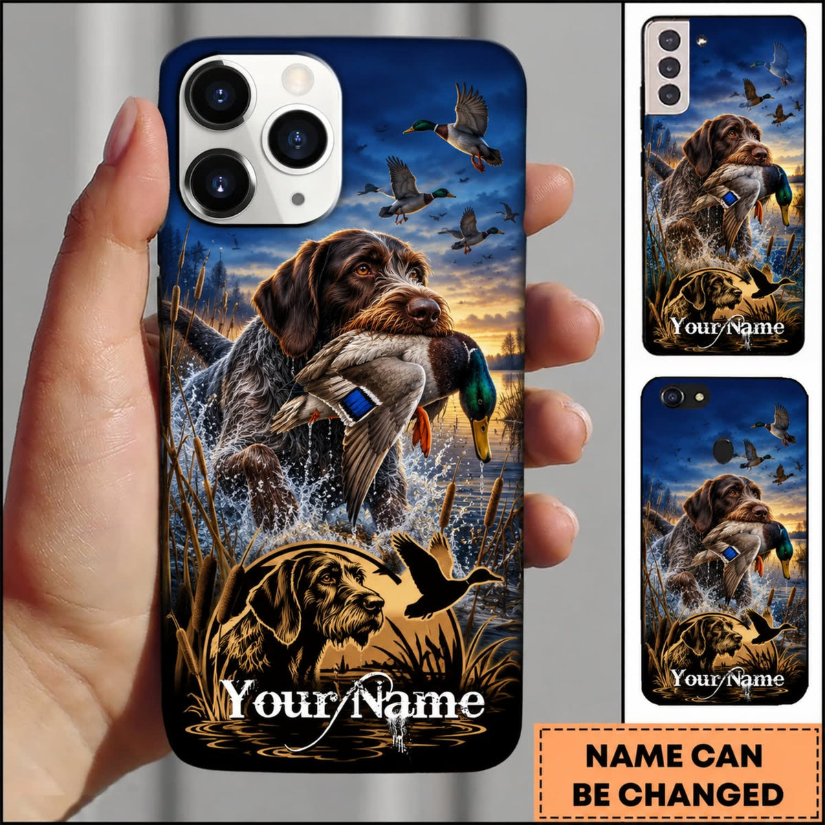 Maxcorners Duck Hunting German Shorthaired Pointer American Flag Marsh Adventure Personalized Name 3D Phone Case - Deutsch Drahthaar
