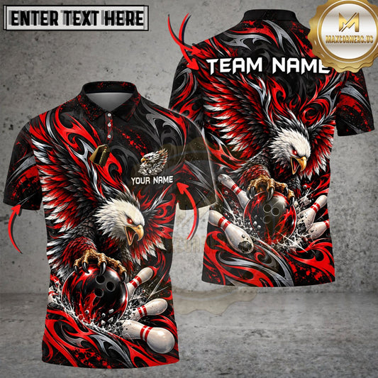 Maxcorners Bowling Fierce Red Eagle Bowling Pins Graphic Personalized Name 3D Unisex Shirt