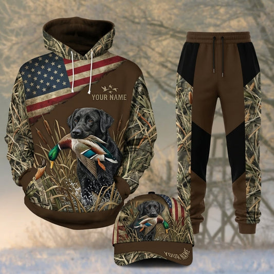 Maxcorners Duck Hunting Black Labrador American Flag Woodland Camo Personalized 3D Shirts