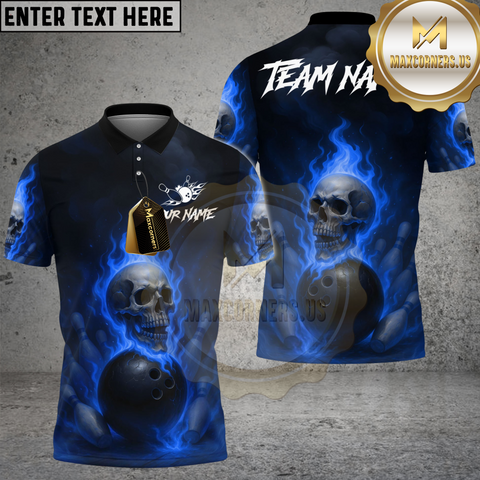 Maxcorners Bowling And Pins Fire Skull Lane Streetwear Customized Name, Team Name 3D Shirt Blue TU0207